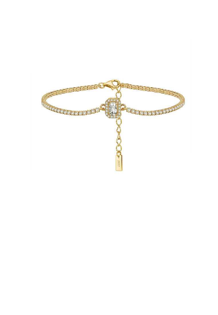 925 Sterling Silver Plated Gold Fashion Bright Geometric Square Chain Bracelet with Cubic Zirconia - Luxurious Look