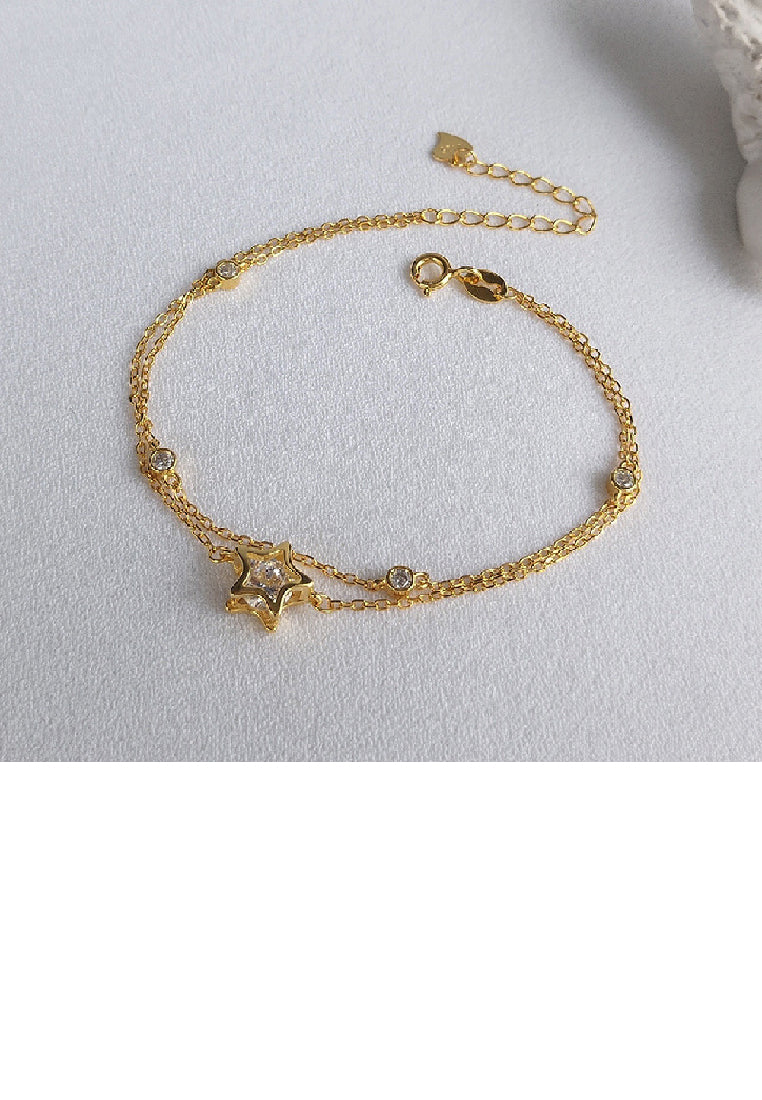 925 Sterling Silver Plated Gold Fashion Simple Star Double Layer Bracelet with Cubic Zirconia - Luxurious Look