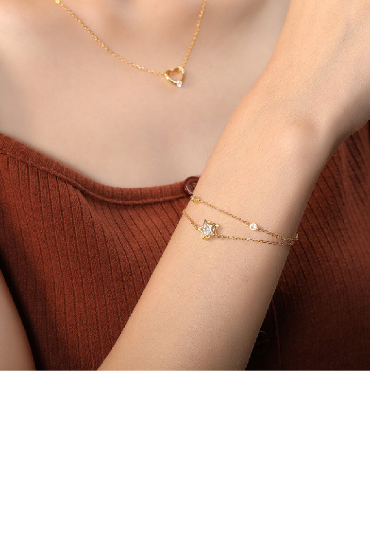 925 Sterling Silver Plated Gold Fashion Simple Star Double Layer Bracelet with Cubic Zirconia - Luxurious Look