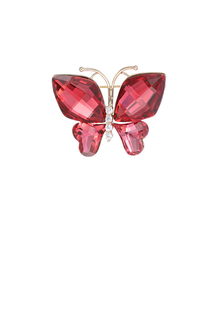 Simple and Elegant Plated Gold Butterfly Brooch with Rose Red Cubic Zirconia - Luxurious Look - Vibrant Color