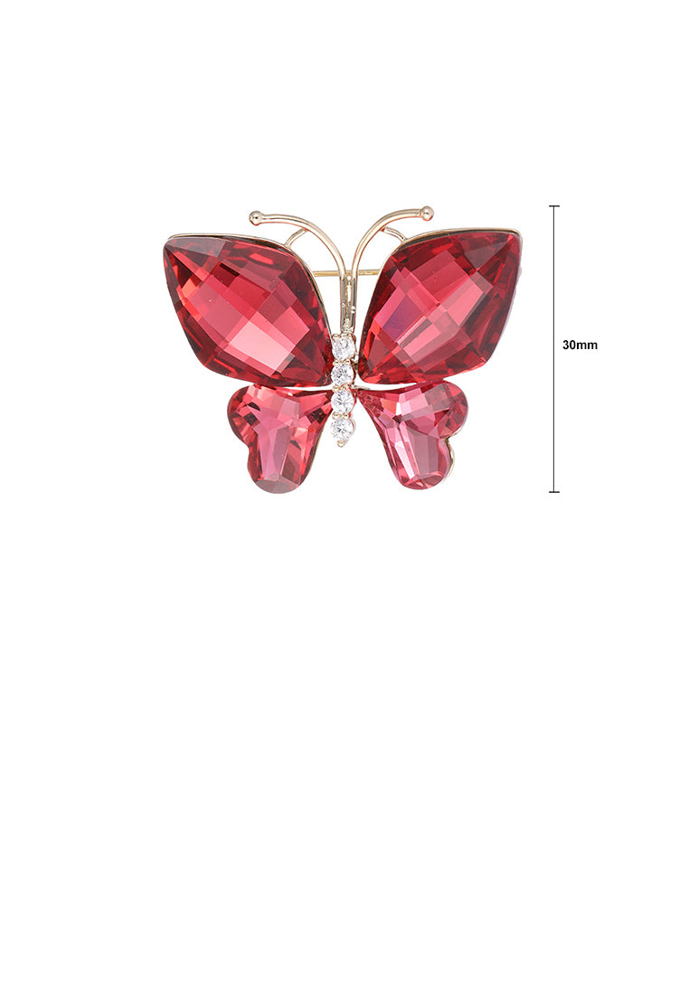 Simple and Elegant Plated Gold Butterfly Brooch with Rose Red Cubic Zirconia - Luxurious Look - Vibrant Color