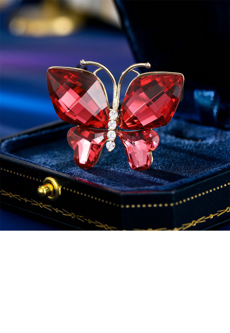 Simple and Elegant Plated Gold Butterfly Brooch with Rose Red Cubic Zirconia - Luxurious Look - Vibrant Color