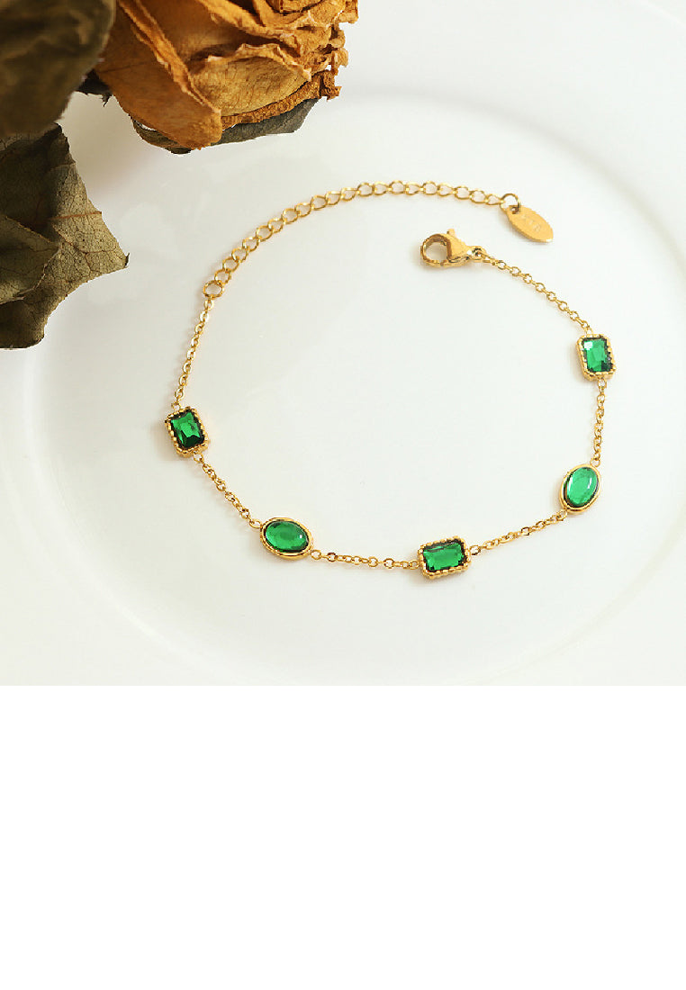 Fashion Elegant Plated Gold 316L Stainless Steel Geometric Green Cubic Zirconia Bracelet - Luxurious Look