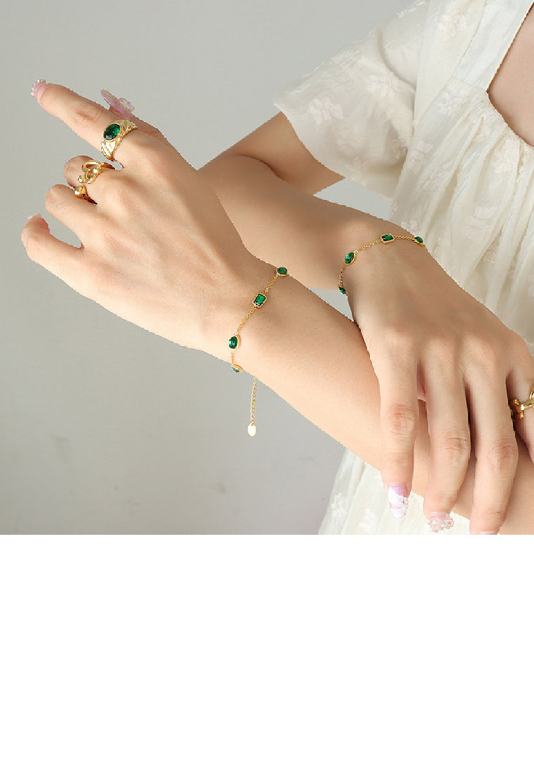 Fashion Elegant Plated Gold 316L Stainless Steel Geometric Green Cubic Zirconia Bracelet - Luxurious Look