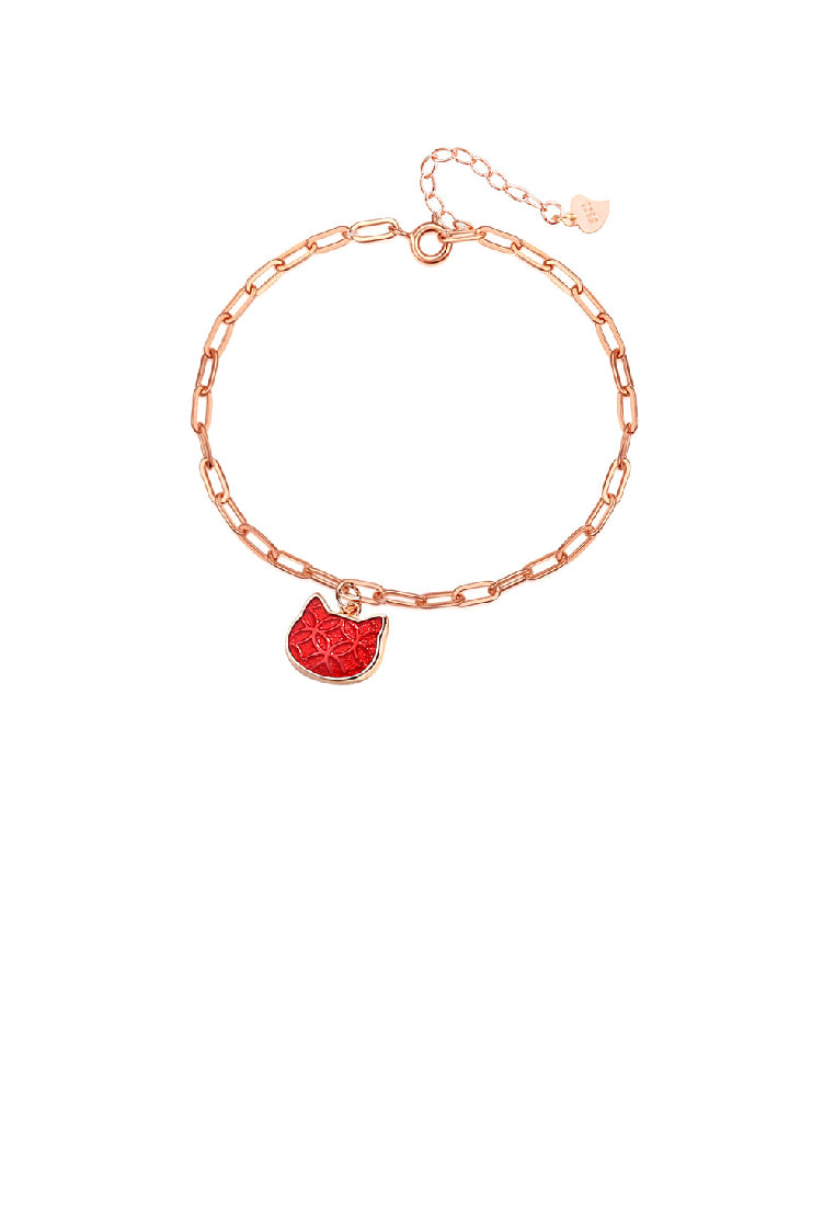 925 Sterling Silver Plated Rose Gold Simple Cute Coin Pattern Cat Bracelet