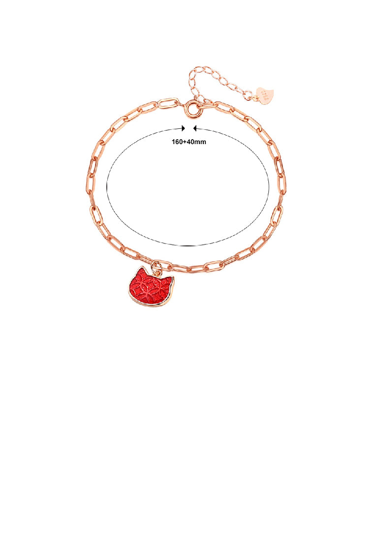 925 Sterling Silver Plated Rose Gold Simple Cute Coin Pattern Cat Bracelet