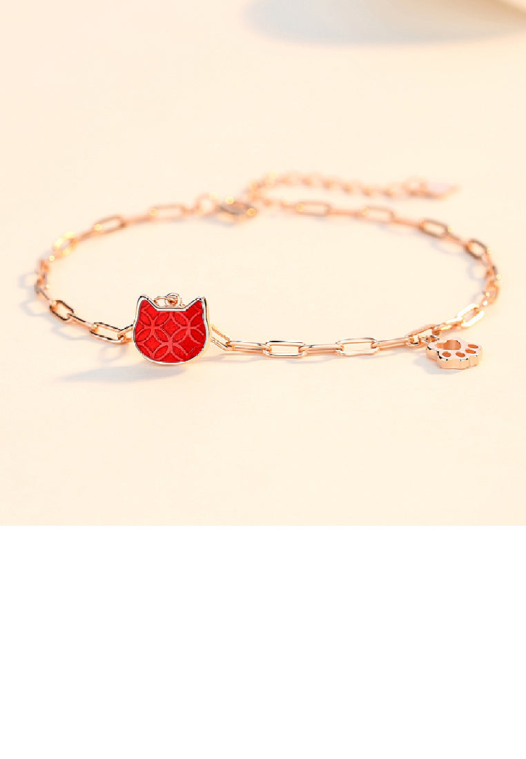 925 Sterling Silver Plated Rose Gold Simple Cute Coin Pattern Cat Bracelet