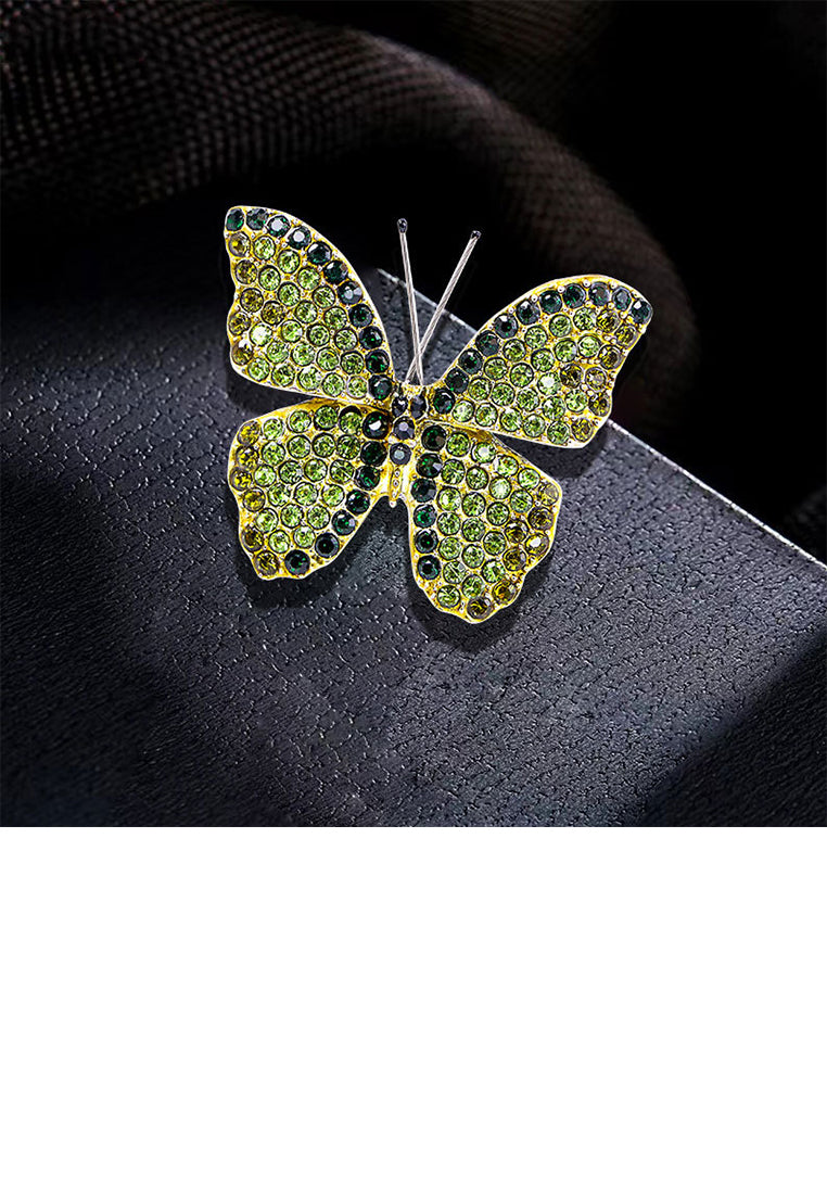 Fashion Brilliant Plated Gold Butterfly Brooch with Green Cubic Zirconia - Luxurious Look