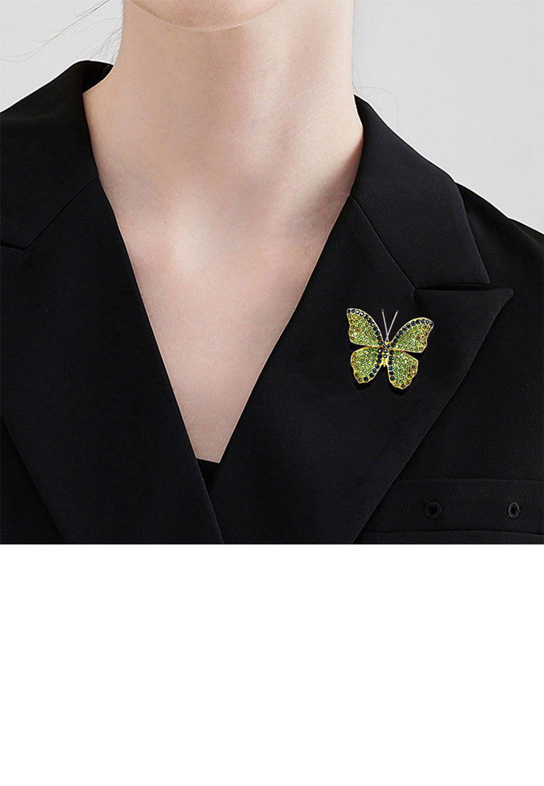 Fashion Brilliant Plated Gold Butterfly Brooch with Green Cubic Zirconia - Luxurious Look