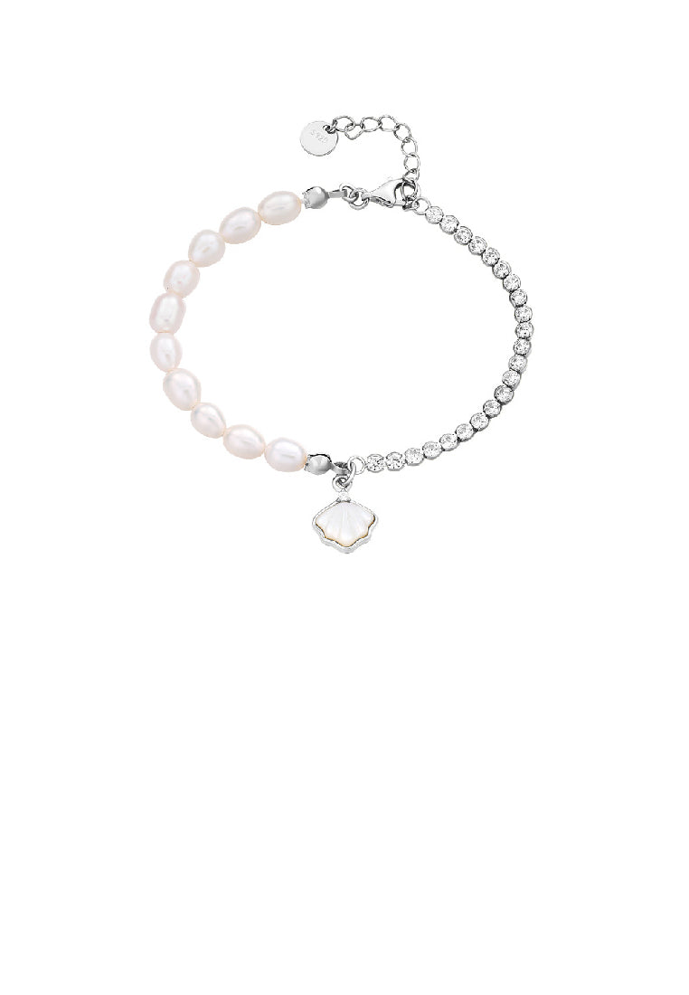 925 Sterling Silver Fashion Elegant Shell Freshwater Pearl Stitched Cubic Zirconia Bracelet - Luxurious Look