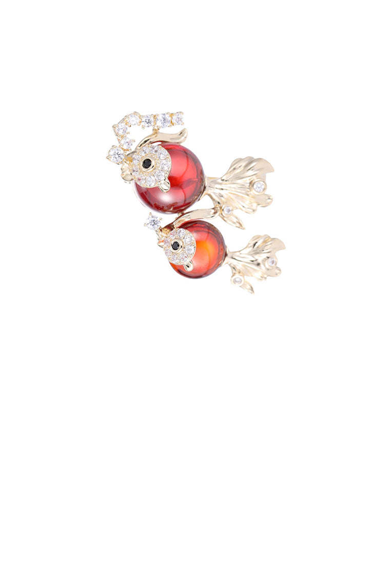 Fashion Cute Plated Gold Double Goldfish Brooch with Cubic Zirconia - Luxurious Look