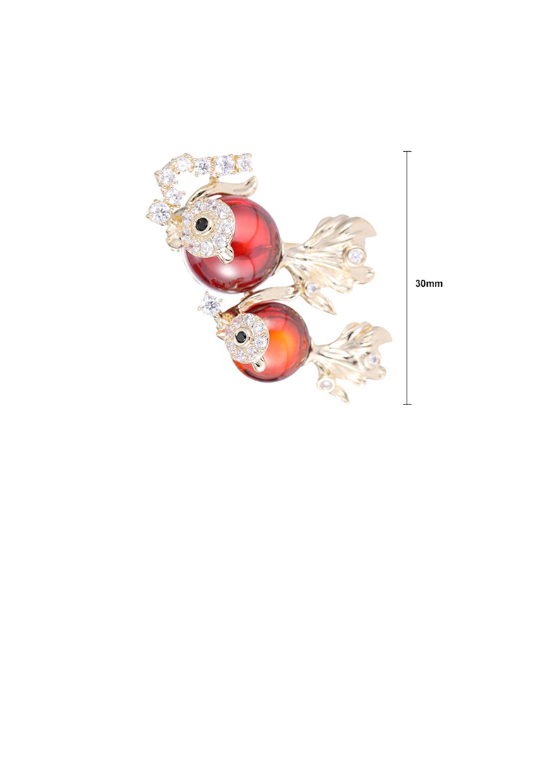 Fashion Cute Plated Gold Double Goldfish Brooch with Cubic Zirconia - Luxurious Look