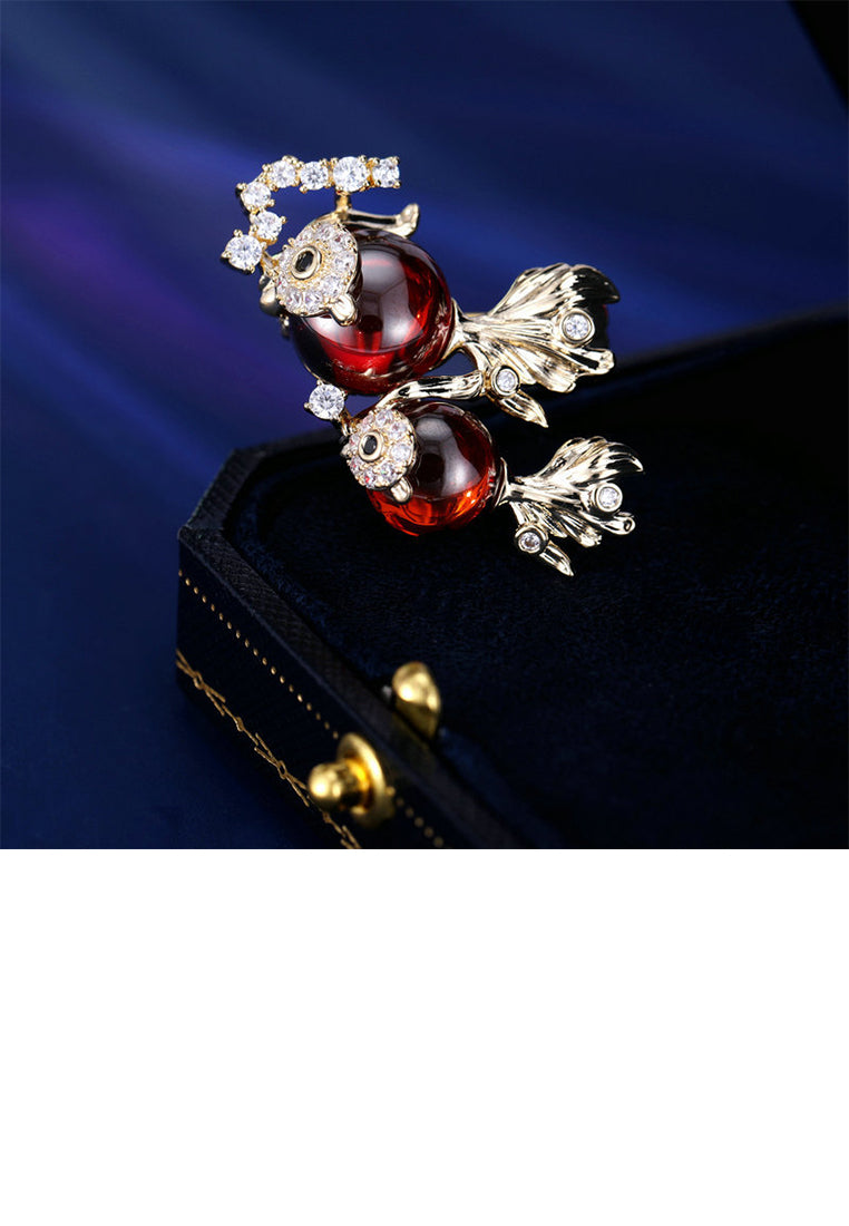 Fashion Cute Plated Gold Double Goldfish Brooch with Cubic Zirconia - Luxurious Look