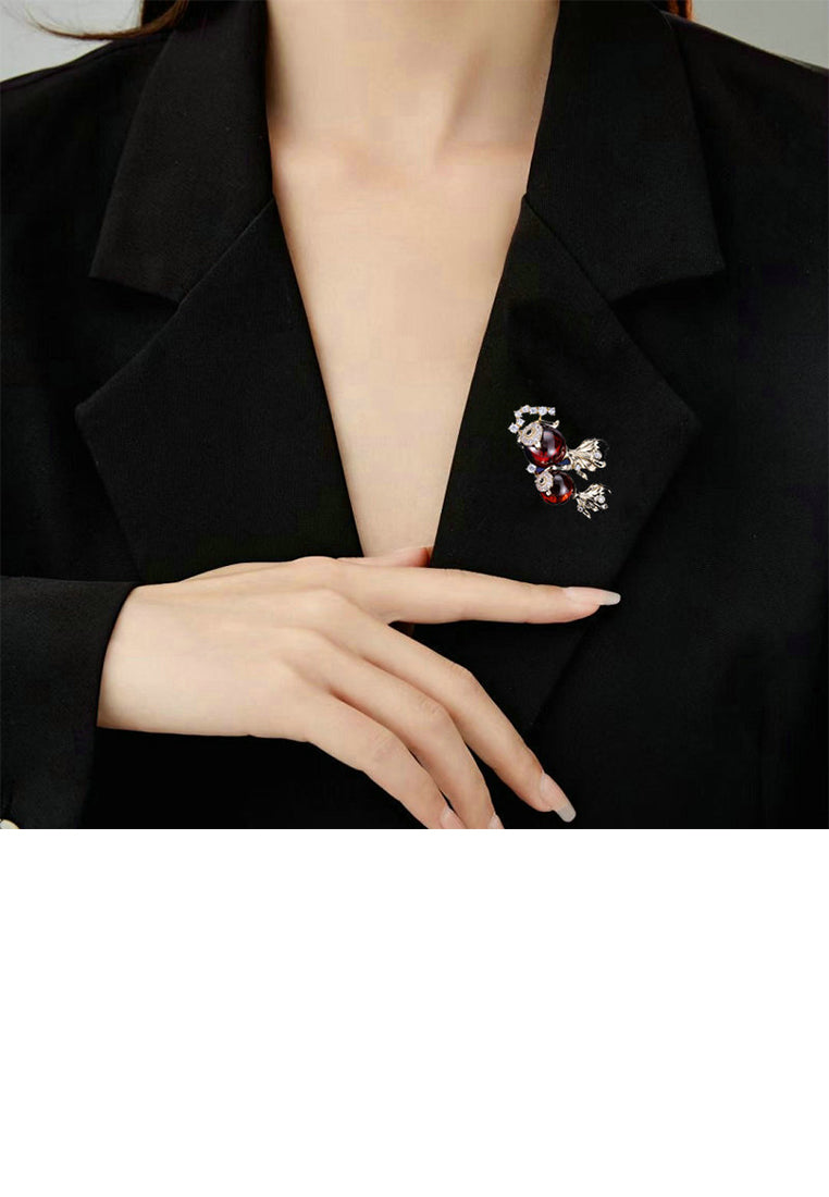 Fashion Cute Plated Gold Double Goldfish Brooch with Cubic Zirconia - Luxurious Look