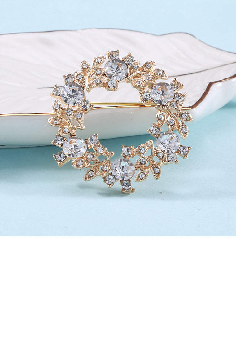 Fashion Temperament Plated Gold Olive Branch Wreath Geometric Brooch with Cubic Zirconia - Luxurious Look