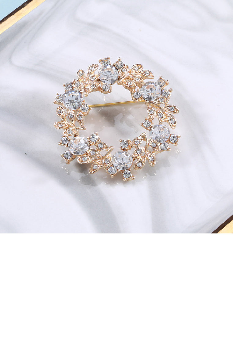 Fashion Temperament Plated Gold Olive Branch Wreath Geometric Brooch with Cubic Zirconia - Luxurious Look