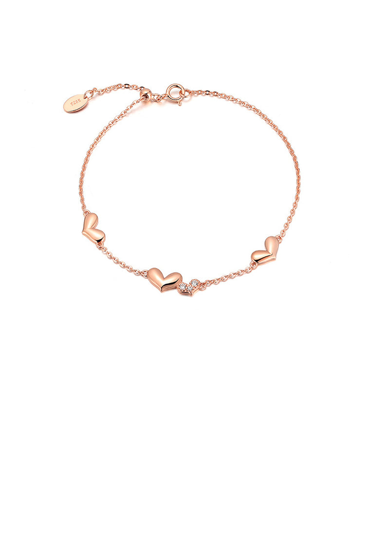 925 Sterling Silver Plated Rose Gold Simple Fashion Double Heart Bracelet with Cubic Zirconia - Luxurious Look