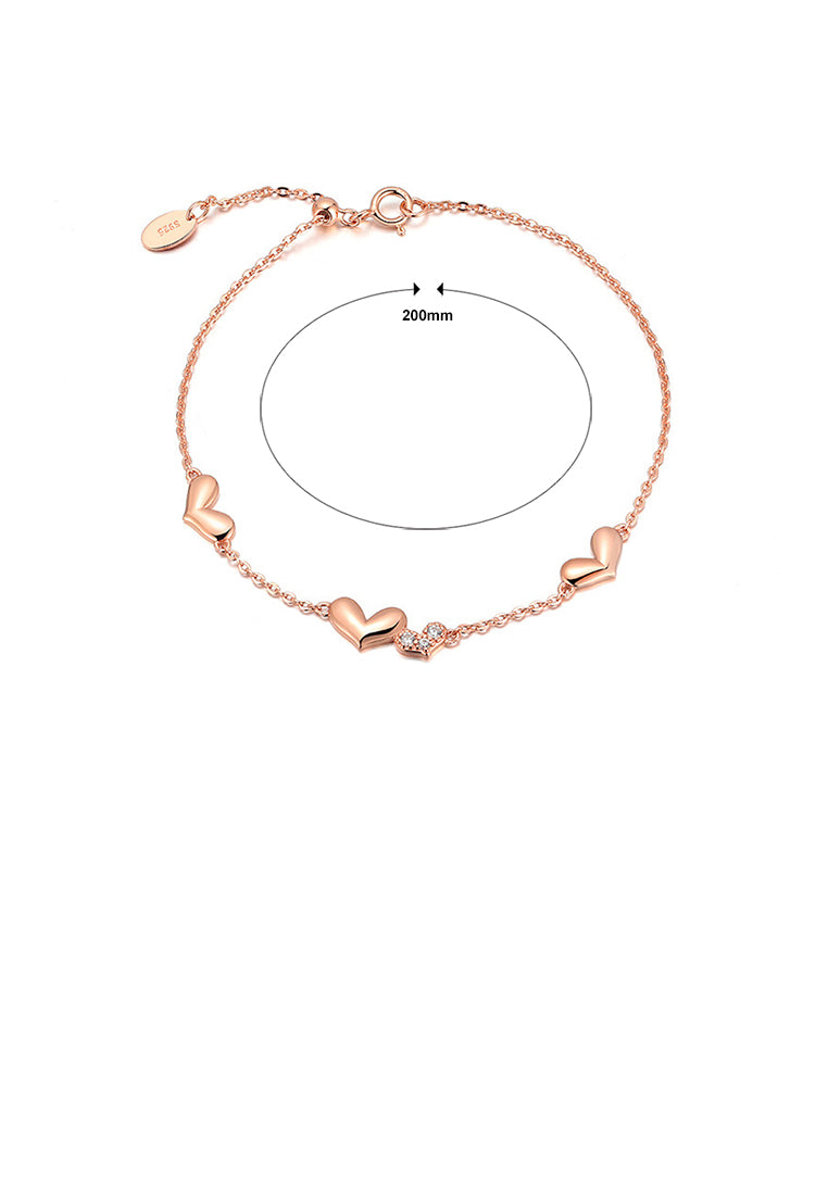 925 Sterling Silver Plated Rose Gold Simple Fashion Double Heart Bracelet with Cubic Zirconia - Luxurious Look