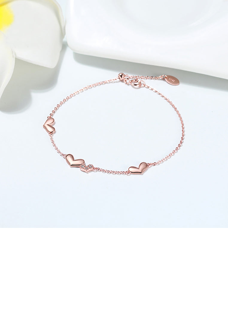 925 Sterling Silver Plated Rose Gold Simple Fashion Double Heart Bracelet with Cubic Zirconia - Luxurious Look
