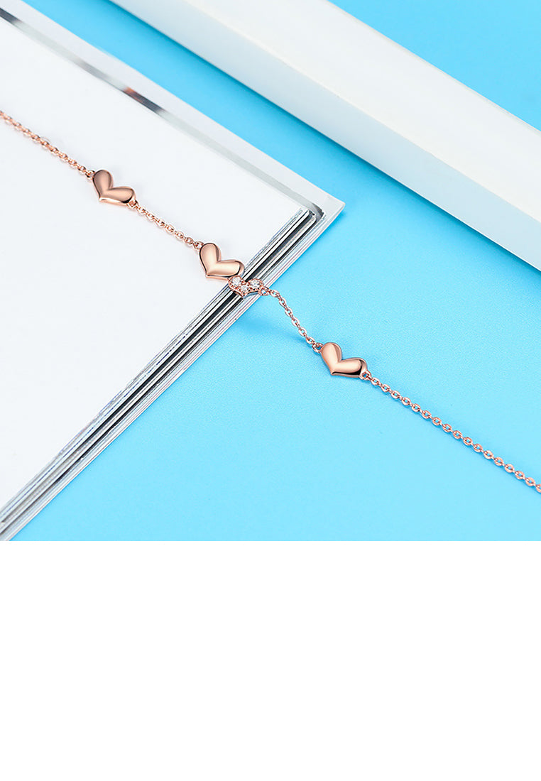 925 Sterling Silver Plated Rose Gold Simple Fashion Double Heart Bracelet with Cubic Zirconia - Luxurious Look