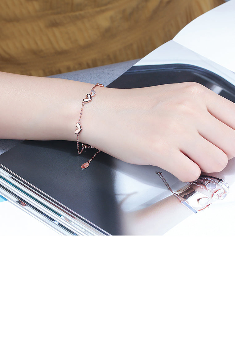 925 Sterling Silver Plated Rose Gold Simple Fashion Double Heart Bracelet with Cubic Zirconia - Luxurious Look