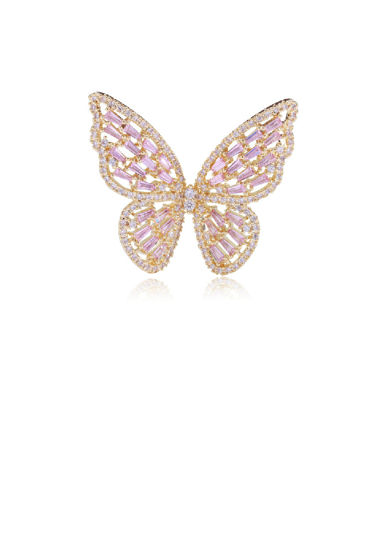 Elegant Brilliant Plated Gold Butterfly Brooch with Pink Cubic Zirconia - Luxurious Look - Vibrant Color