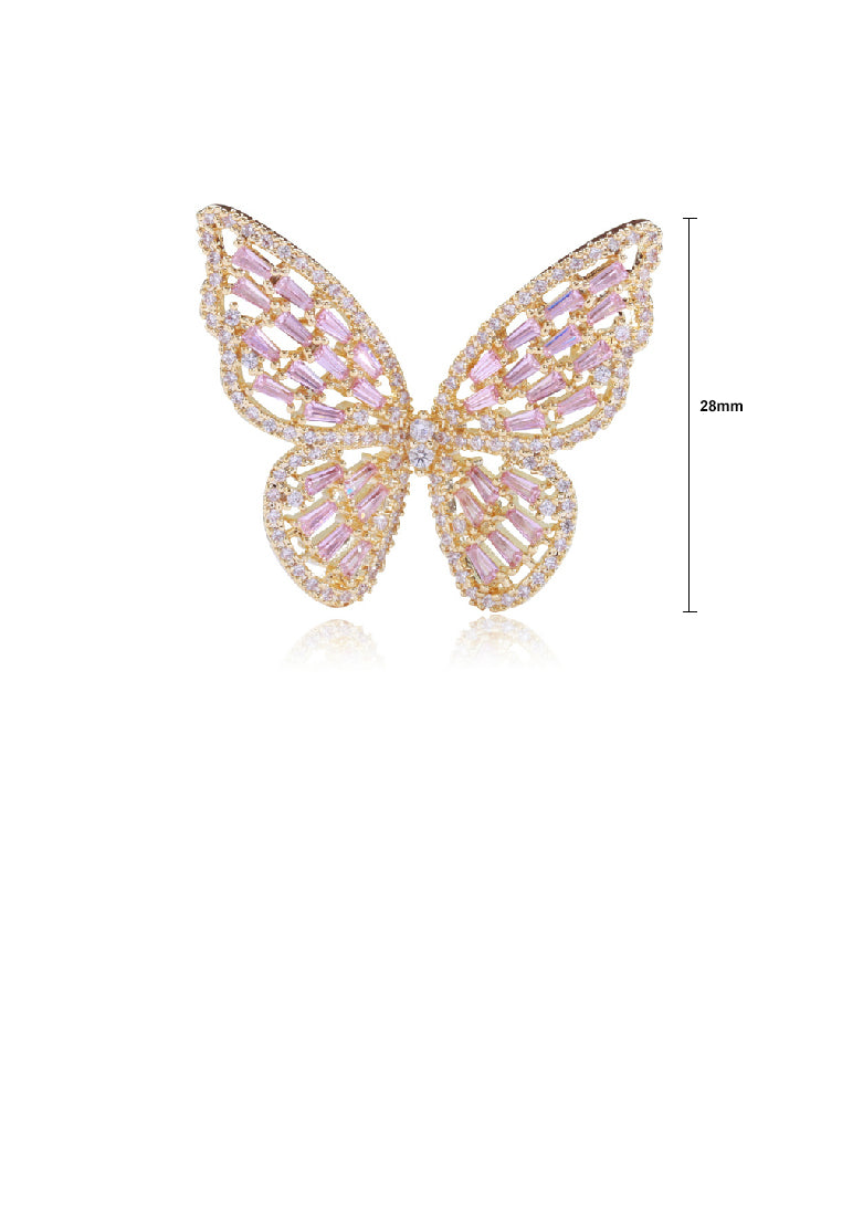 Elegant Brilliant Plated Gold Butterfly Brooch with Pink Cubic Zirconia - Luxurious Look - Vibrant Color