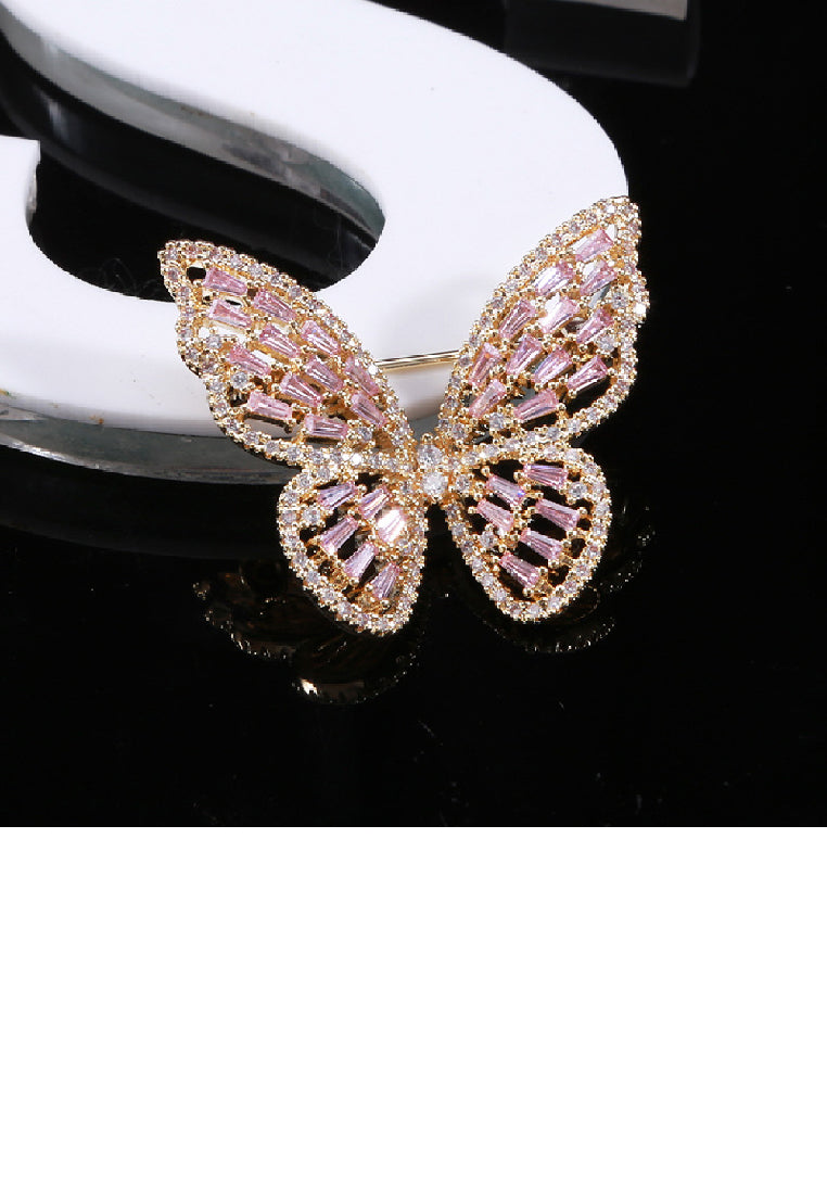 Elegant Brilliant Plated Gold Butterfly Brooch with Pink Cubic Zirconia - Luxurious Look - Vibrant Color