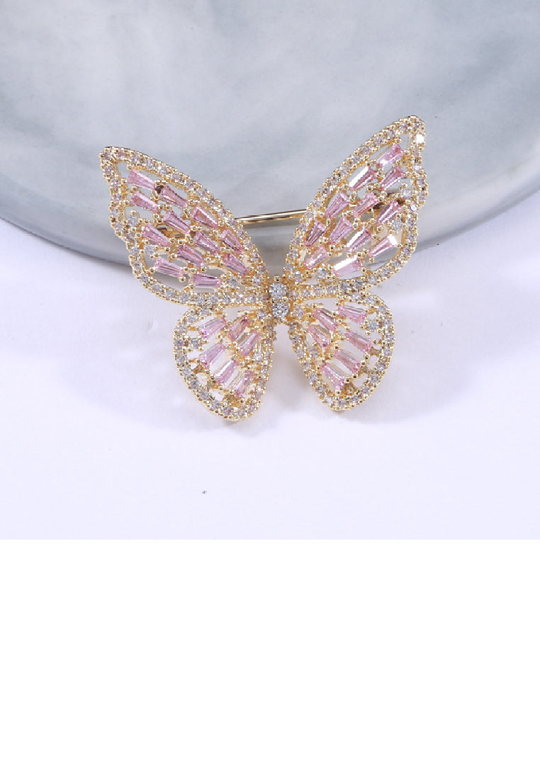Elegant Brilliant Plated Gold Butterfly Brooch with Pink Cubic Zirconia - Luxurious Look - Vibrant Color