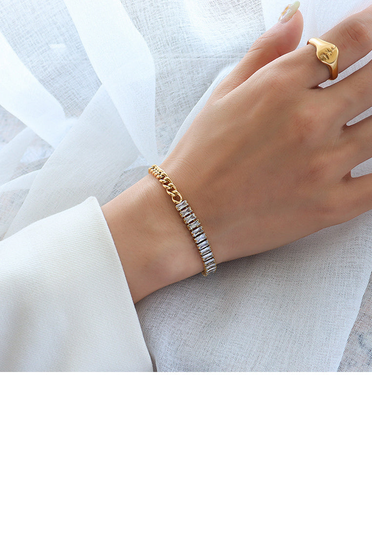 Fashion Bright Plated Gold 316L Stainless Steel Cubic Zirconia Splicing Chain Bracelet - Luxurious Look