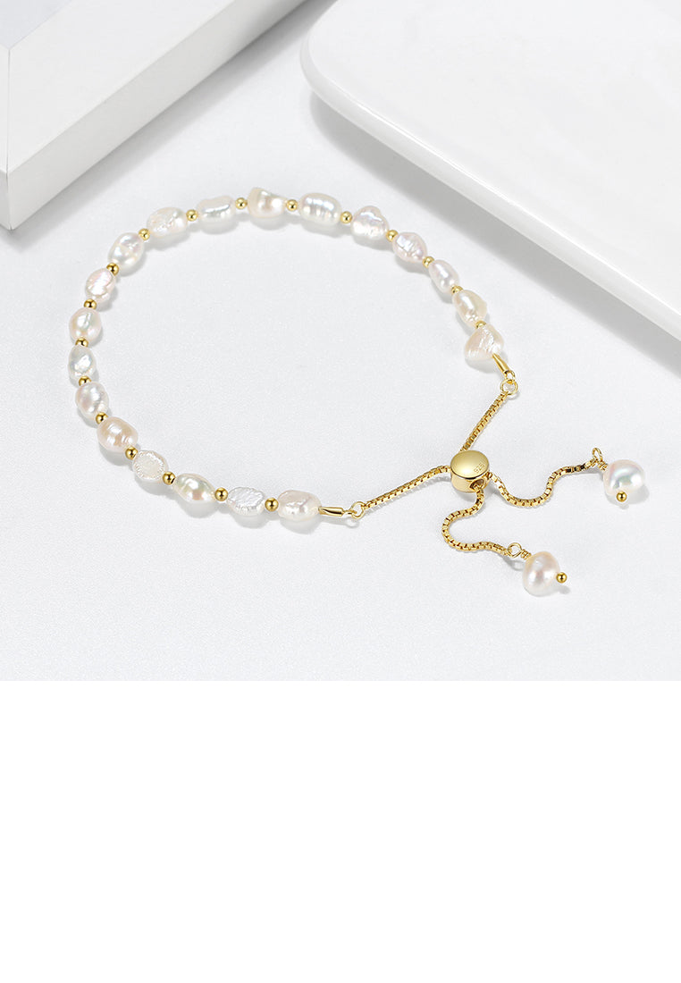 925 Sterling Silver Plated Gold Fashion Temperament Irregular Freshwater Pearl Geometric Adjustable Bracelet - Luxurious Look