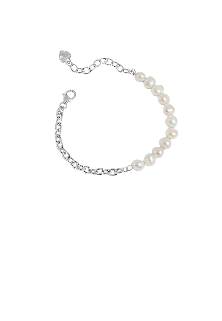 925 Sterling Silver Fashion and Elegant Geometric Freshwater Pearl Chain Bracelet - Luxurious Look