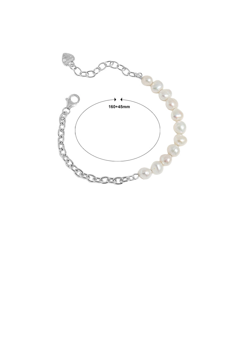 925 Sterling Silver Fashion and Elegant Geometric Freshwater Pearl Chain Bracelet - Luxurious Look