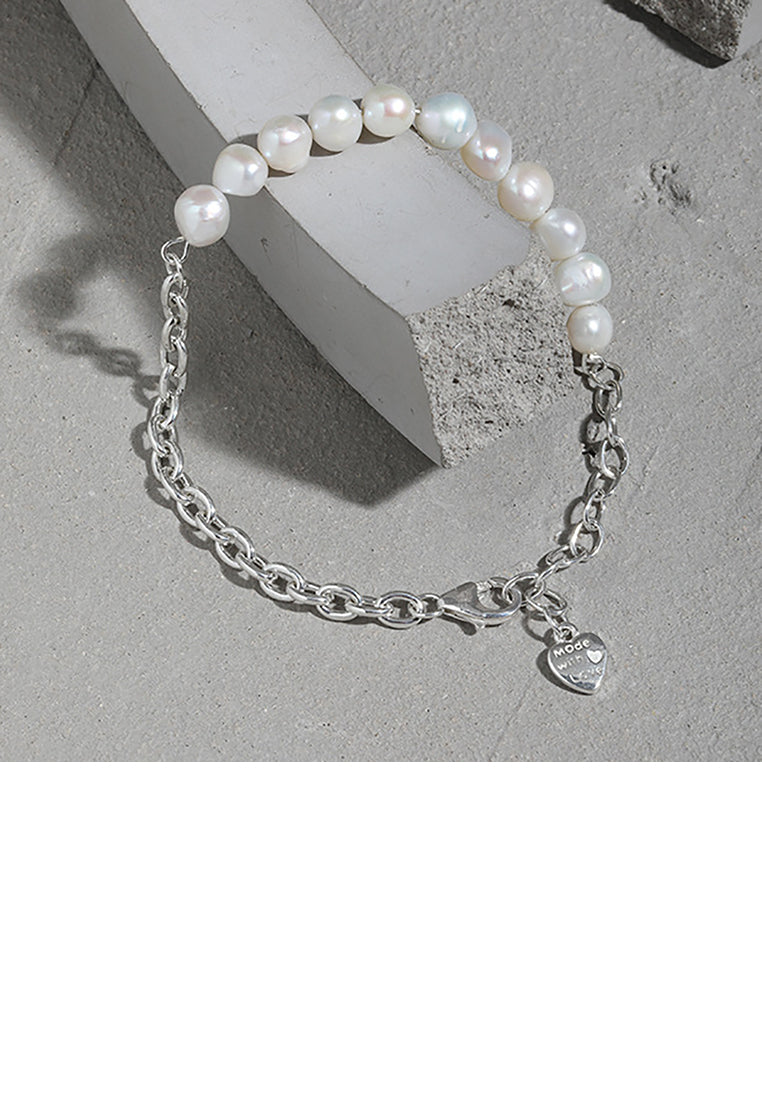 925 Sterling Silver Fashion and Elegant Geometric Freshwater Pearl Chain Bracelet - Luxurious Look