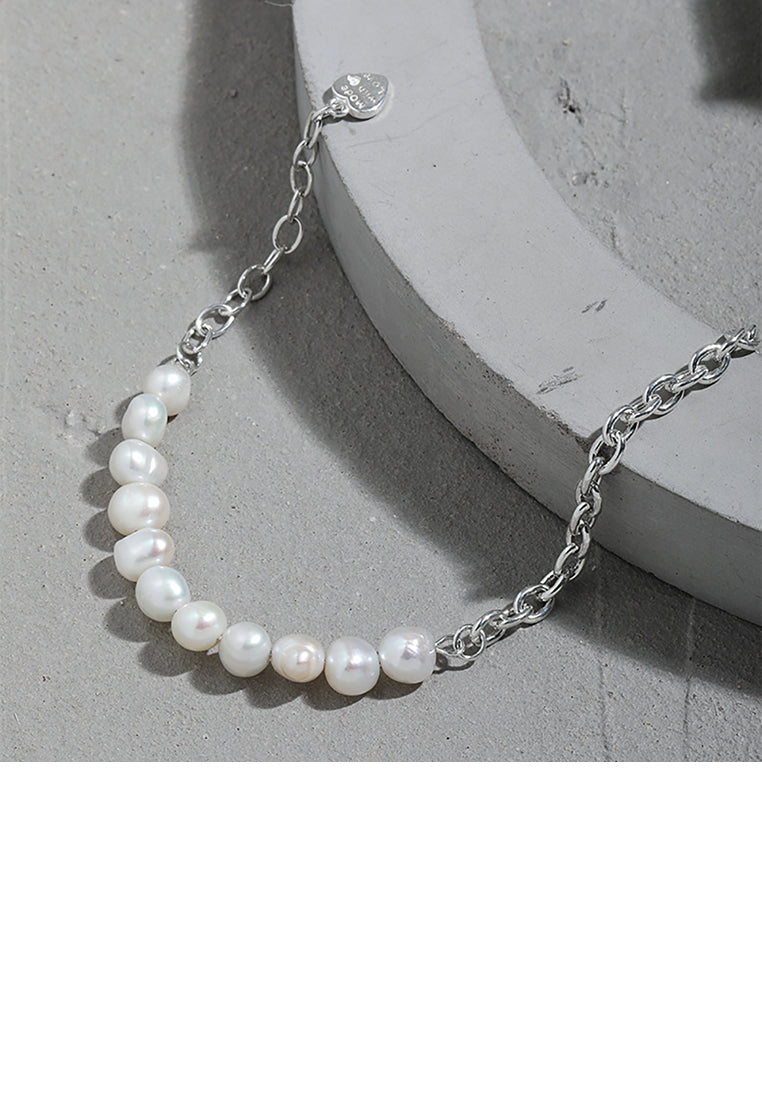 925 Sterling Silver Fashion and Elegant Geometric Freshwater Pearl Chain Bracelet - Luxurious Look
