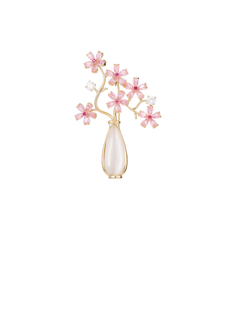 Fashion and Elegant Plated Gold Vase Flower Cats Eye Brooch with Pink Cubic Zirconia - Luxurious Look - Vibrant Color