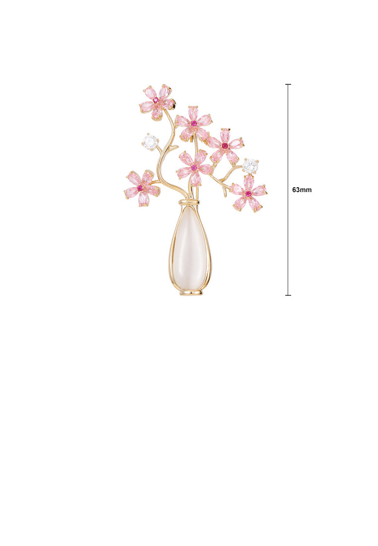 Fashion and Elegant Plated Gold Vase Flower Cats Eye Brooch with Pink Cubic Zirconia - Luxurious Look - Vibrant Color