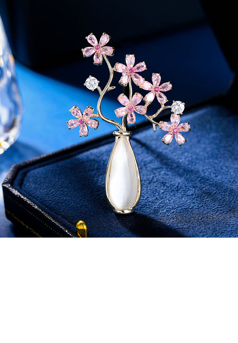 Fashion and Elegant Plated Gold Vase Flower Cats Eye Brooch with Pink Cubic Zirconia - Luxurious Look - Vibrant Color