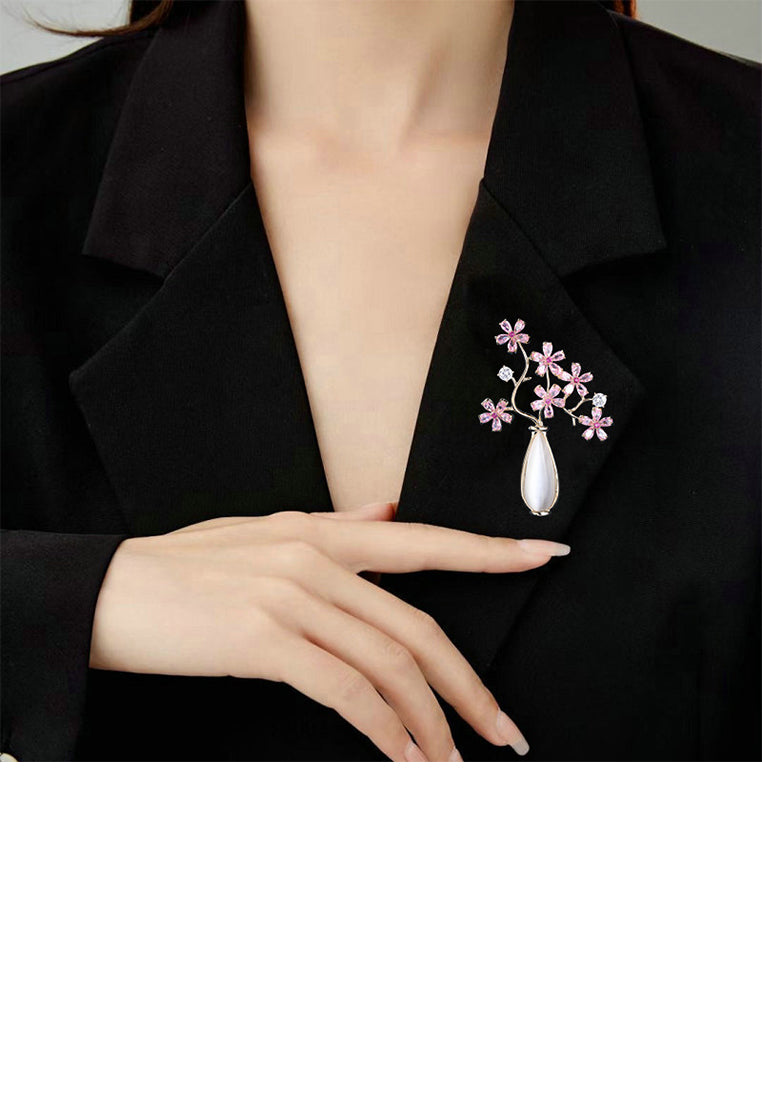 Fashion and Elegant Plated Gold Vase Flower Cats Eye Brooch with Pink Cubic Zirconia - Luxurious Look - Vibrant Color
