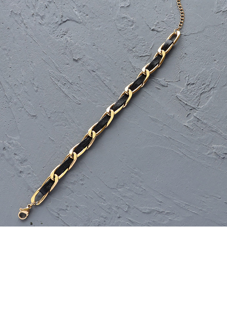 Fashion Personality Plated Gold 316L Stainless Steel Geometric Leather Rope Chain Bracelet