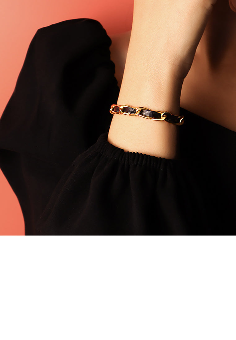 Fashion Personality Plated Gold 316L Stainless Steel Geometric Leather Rope Chain Bracelet