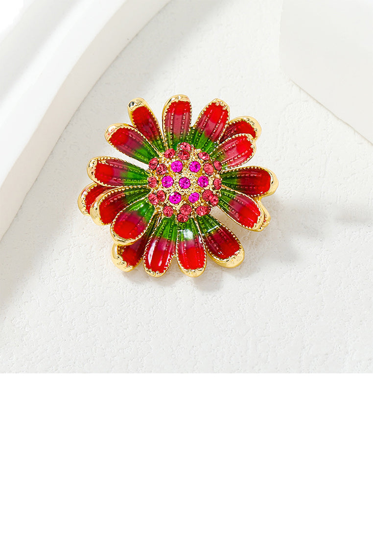 Fashion Temperament Plated Gold Enamel Flower Brooch with Cubic Zirconia - Luxurious Look