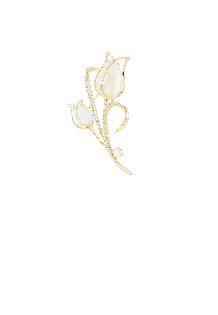 Fashion and Elegant Plated Gold Tulip Cats Eye Brooch with Cubic Zirconia - Luxurious Look