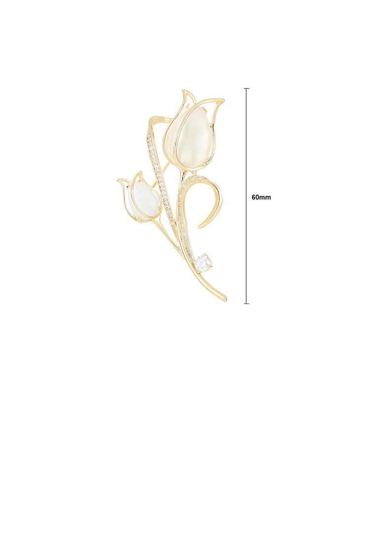 Fashion and Elegant Plated Gold Tulip Cats Eye Brooch with Cubic Zirconia - Luxurious Look