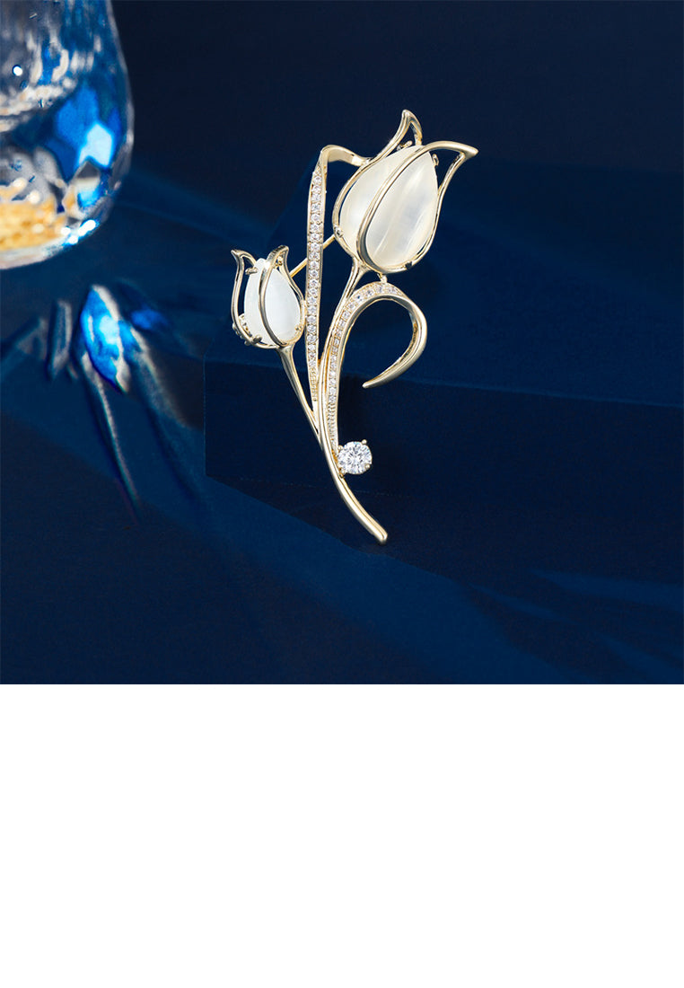Fashion and Elegant Plated Gold Tulip Cats Eye Brooch with Cubic Zirconia - Luxurious Look