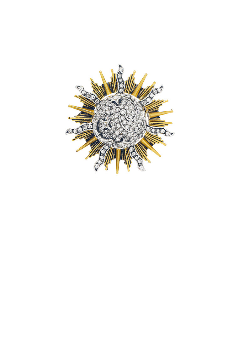 Fashion Plated Gold Sun Brooch with Cubic Zirconia - Luxurious Look