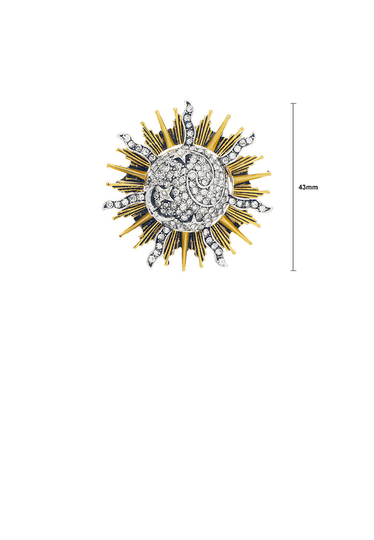 Fashion Plated Gold Sun Brooch with Cubic Zirconia - Luxurious Look