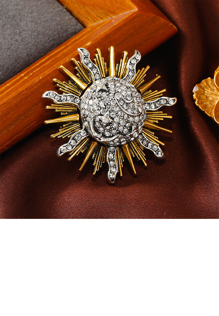 Fashion Plated Gold Sun Brooch with Cubic Zirconia - Luxurious Look