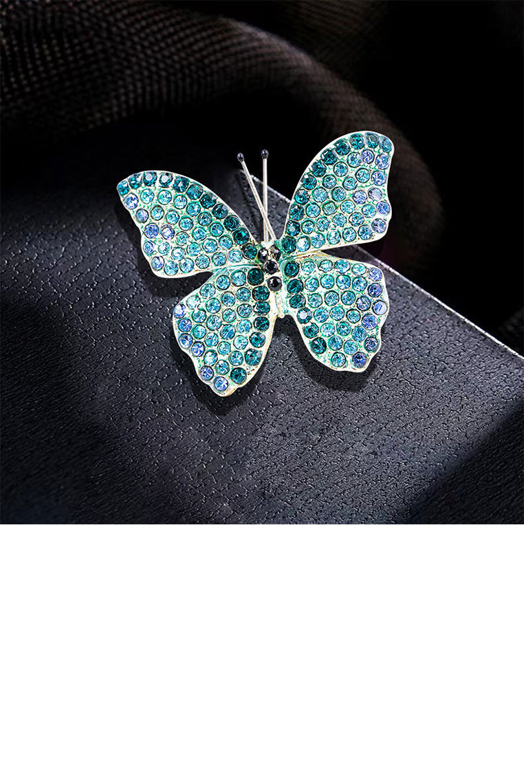 Fashion Brilliant Plated Gold Butterfly Brooch with Blue Cubic Zirconia - Luxurious Look