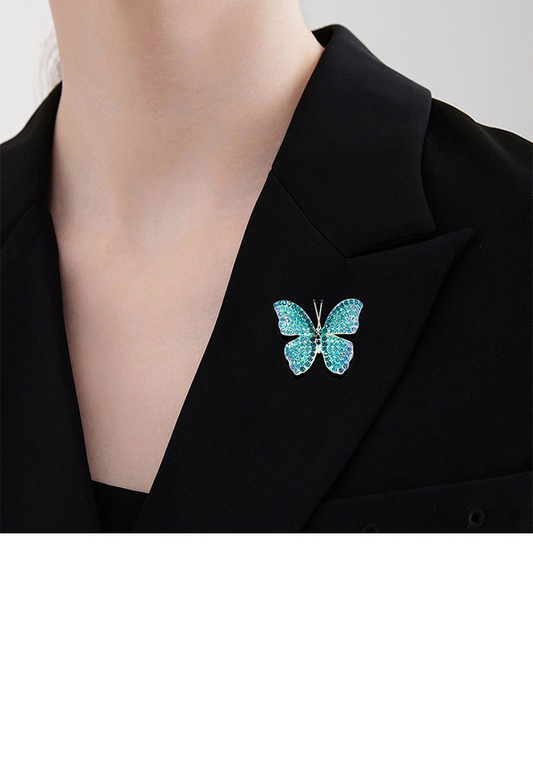 Fashion Brilliant Plated Gold Butterfly Brooch with Blue Cubic Zirconia - Luxurious Look